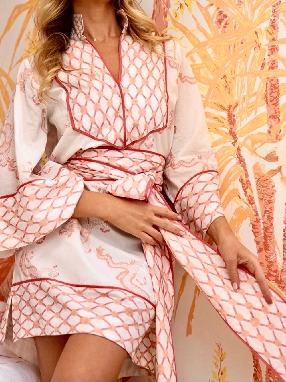Sue Sartor - White and Coral Printed Mini Dress with Tie Detail, Medium